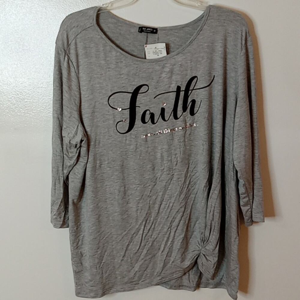 NWT Ava James Grey shirt with Faith on it. Cringed at the hip. Size 3X
